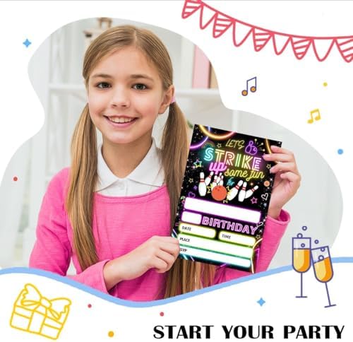 Strike Bowling Neon Birthday Party Invitation with Envelopes 4x6 Inch