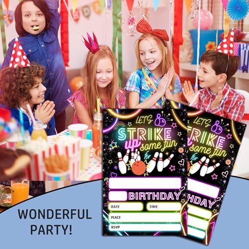 Strike Bowling Neon Birthday Party Invitation with Envelopes 4x6 Inch