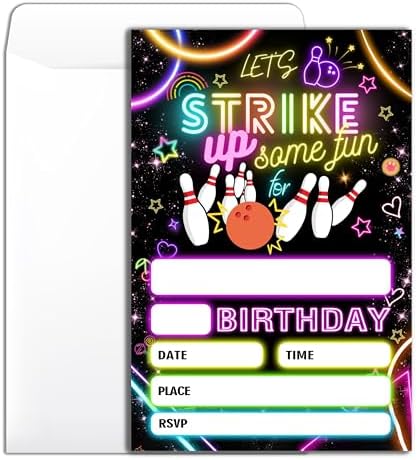 Strike Bowling Neon Birthday Party Invitation with Envelopes 4x6 Inch