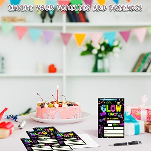 Neon Glow Birthday Invites 20 Count with Envelopes