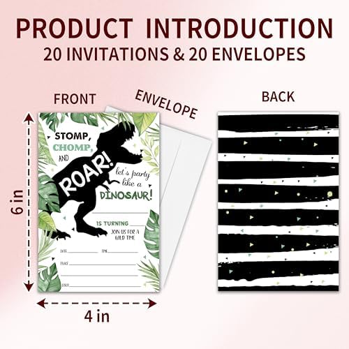 Dinosaur Theme Birthday Invitation Cards With Envelopes