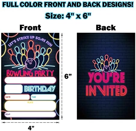 Glow Bowling Birthday Invitations with Envelopes 20 Sets