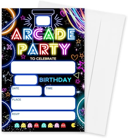 Neon Arcade Birthday Invites - 20pcs with Envelopes