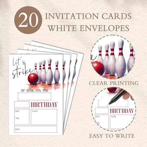 Eronm Bowling Birthday Invites 20 Pack with Envelopes