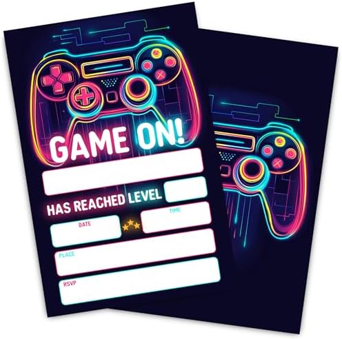 Neon Video Game Birthday Party Invitation Cards Double-Sided 30-Pack with Envelopes