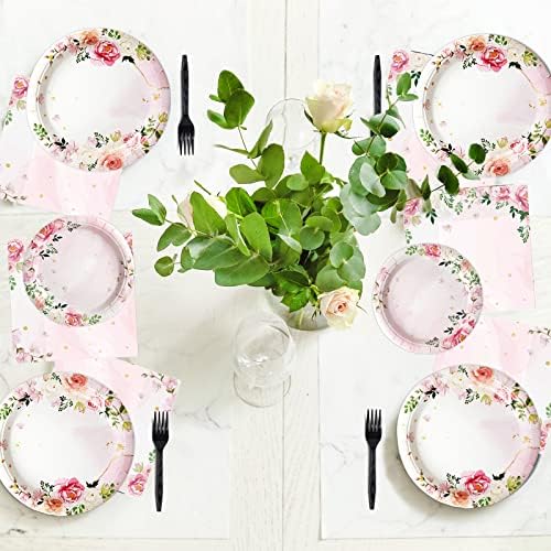 96 Pcs Pink Floral Party Plates Napkins Set for 24 Guests