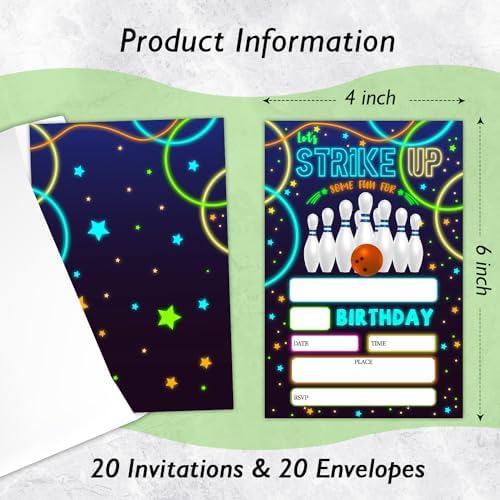 Neon Glow Birthday Invites for Kids Set of 20 with Envelopes