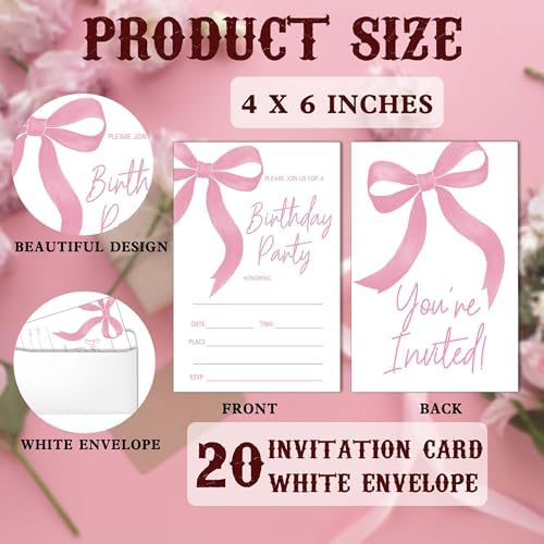 SIXEIGHT 20 Pink Bow Birthday Invitations with Envelopes