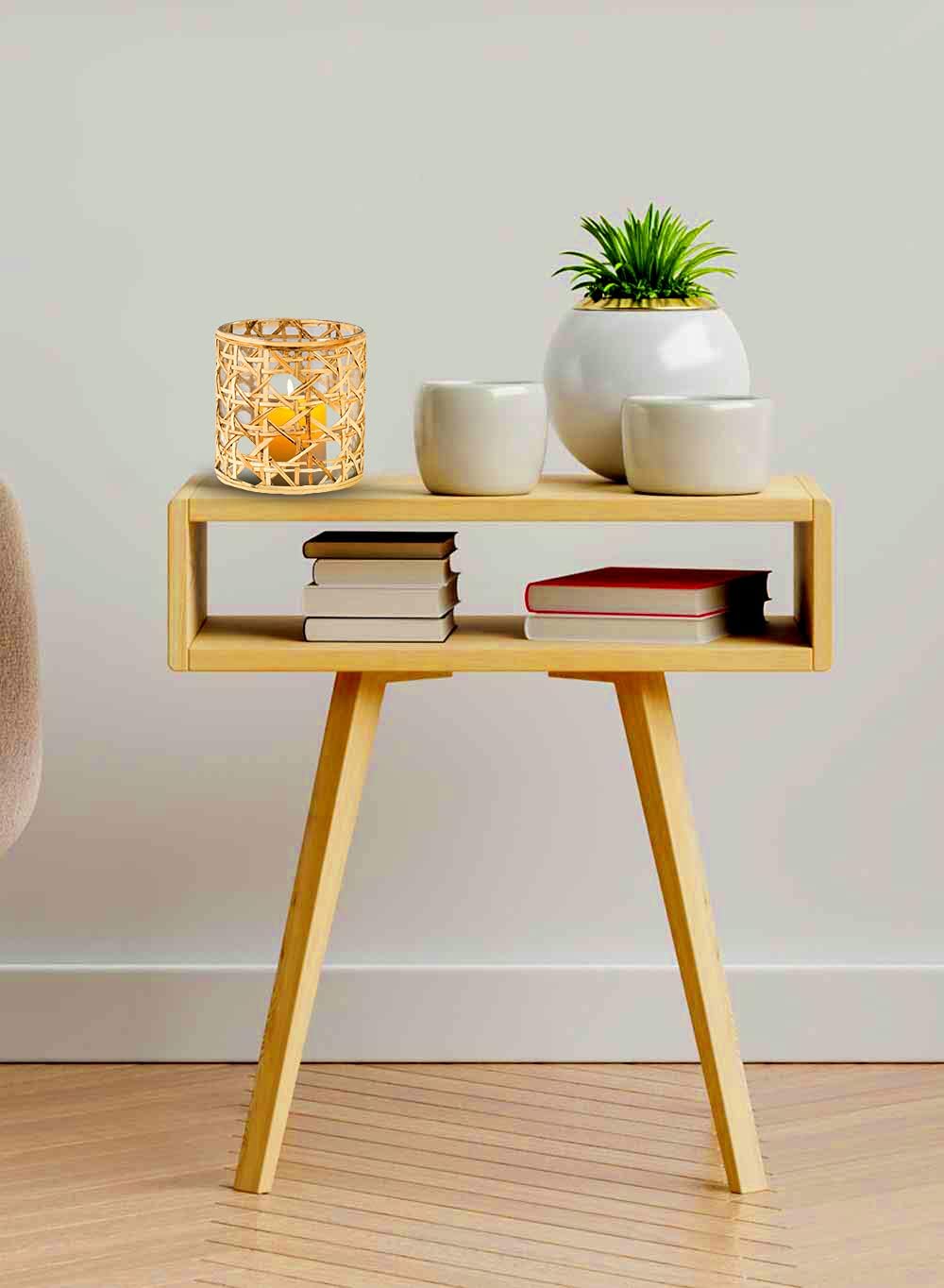 Serene Spaces Living Saigon Cane Wrapped Glass Hurricane Candle Holder