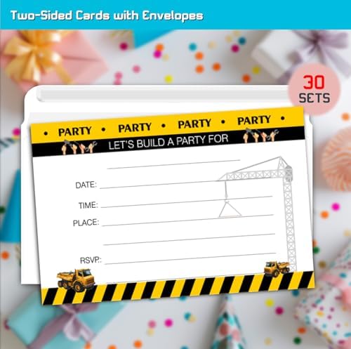 Construction Birthday Party Invitation Cards 30 Pack