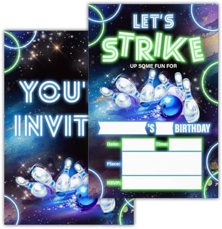 Neon Glow Bowling Birthday Invitations with Envelopes 20 Count Double Sided