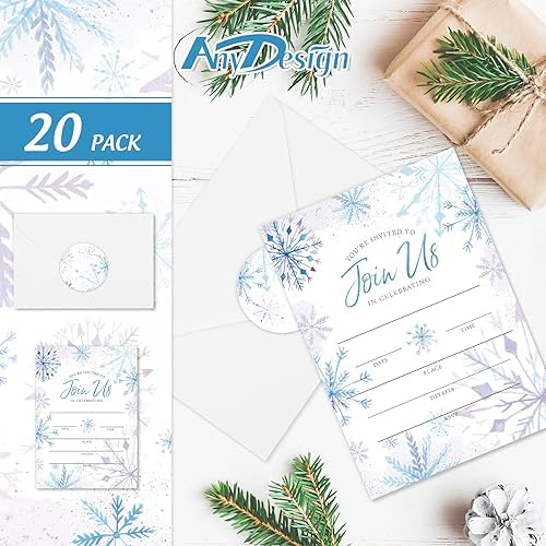 AnyDesign Christmas Invitations 20 Sets Purple Blue Snowflake Cards Envelopes Stickers