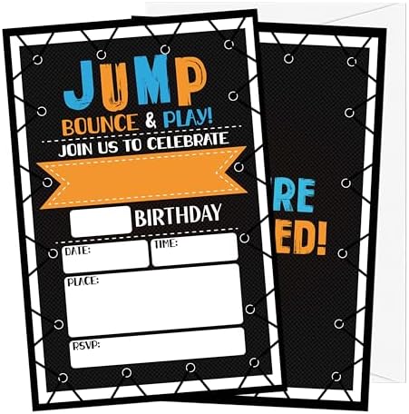 Trampoline Jump Birthday Invites for Boys - 20 Cards with Envelopes