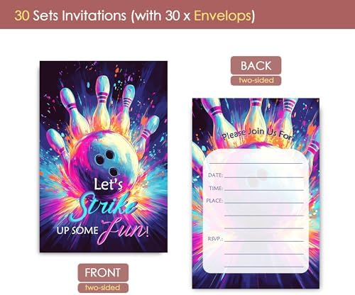Bowling Birthday Invites Neon Design 30 Sets with Envelopes