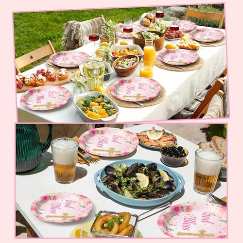 50Pcs Pink God Bless Cross Paper Plates for Baptism Parties