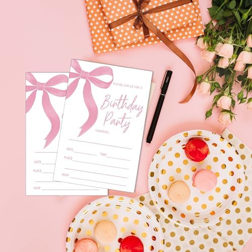 SIXEIGHT 20 Pink Bow Birthday Invitations with Envelopes