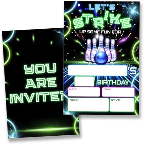 Neon Bowling Party Invites 20 Cards with Envelopes Double Sided