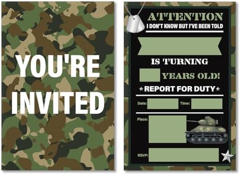 Soiceu Army Birthday Invitations Set of 20 with Envelopes