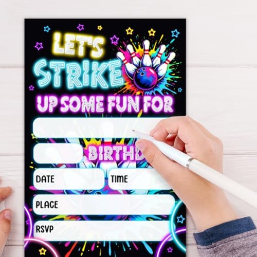 Neon Bowling Birthday Party Invitations Set
