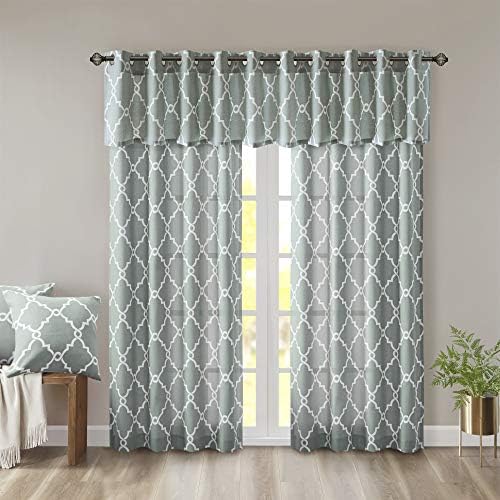Madison Park Saratoga Fretwork Print Valance Swags 50x18 Seafoam White