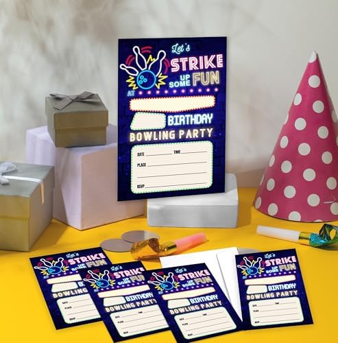 Neon Bowling Birthday Invites For Kids With Envelopes - 14 Designs
