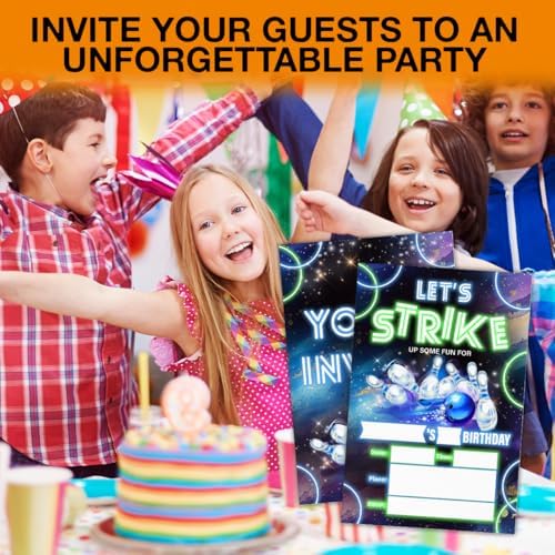 Neon Glow Bowling Birthday Invitations with Envelopes 20 Count Double Sided