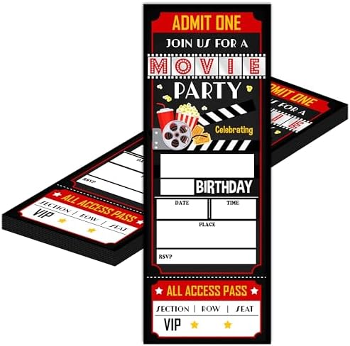 Birthday Cards 20 Movie Party Ticket Invites Red Black with Envelopes