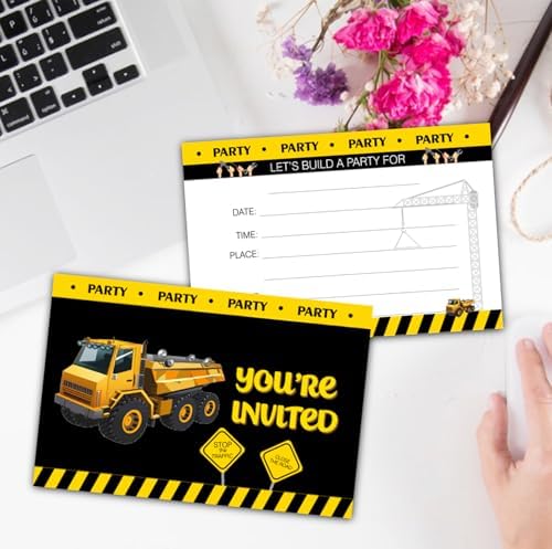 Construction Birthday Party Invitation Cards 30 Pack
