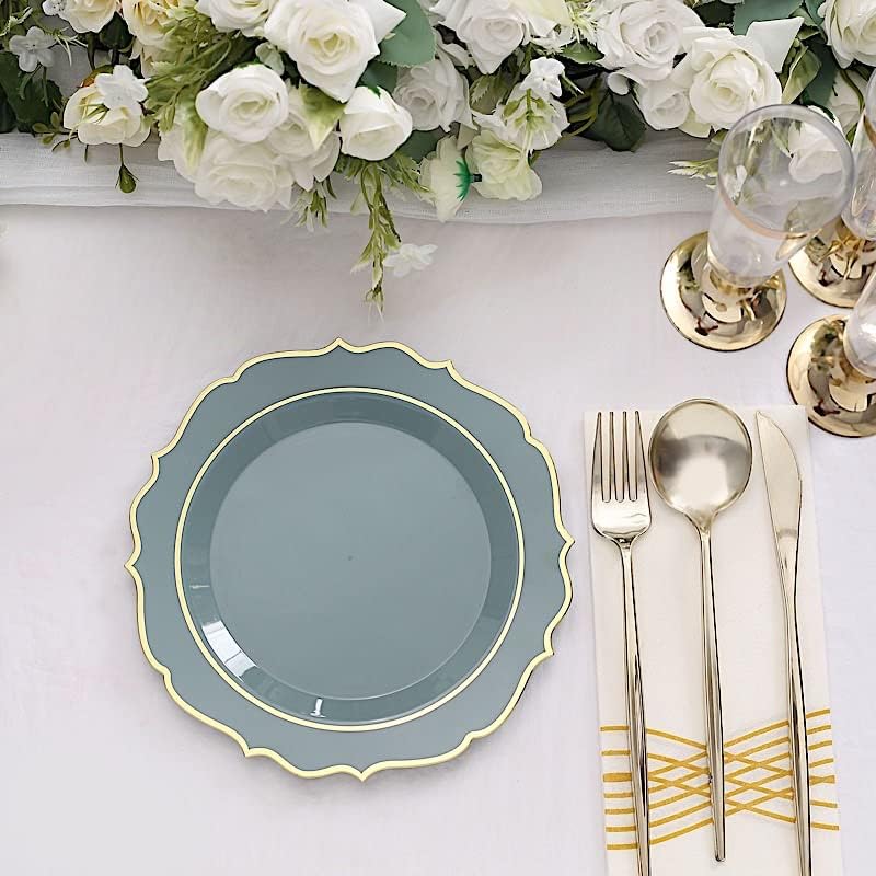 Balsa Circle 10 Dusty Blue 8-Inch Plastic Dinner Plates with Gold Rim