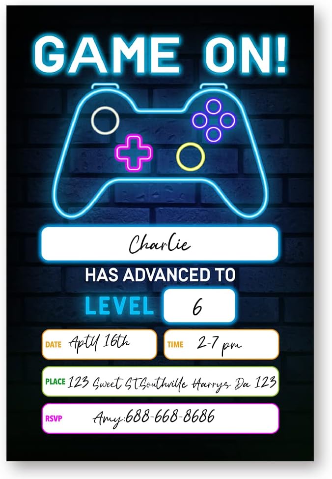 Neon Video Game Birthday Invitations Set of 20