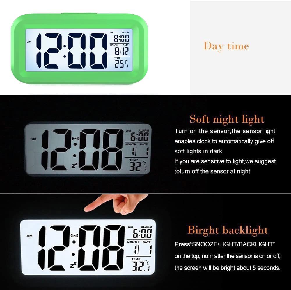 KAIJIELY LCD Digital Alarm Clock with Temperature Display Green