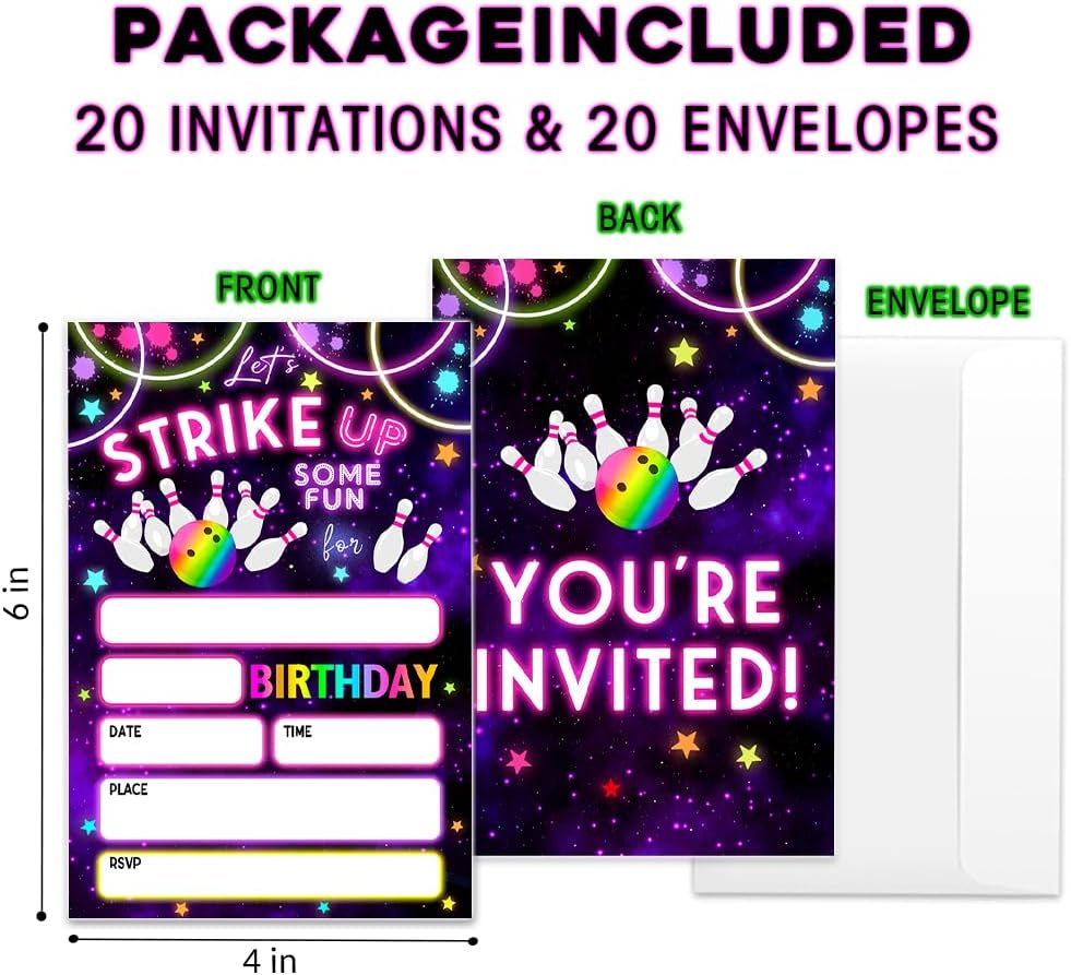 Neon Glow Bowling Party Invitations Set of 20