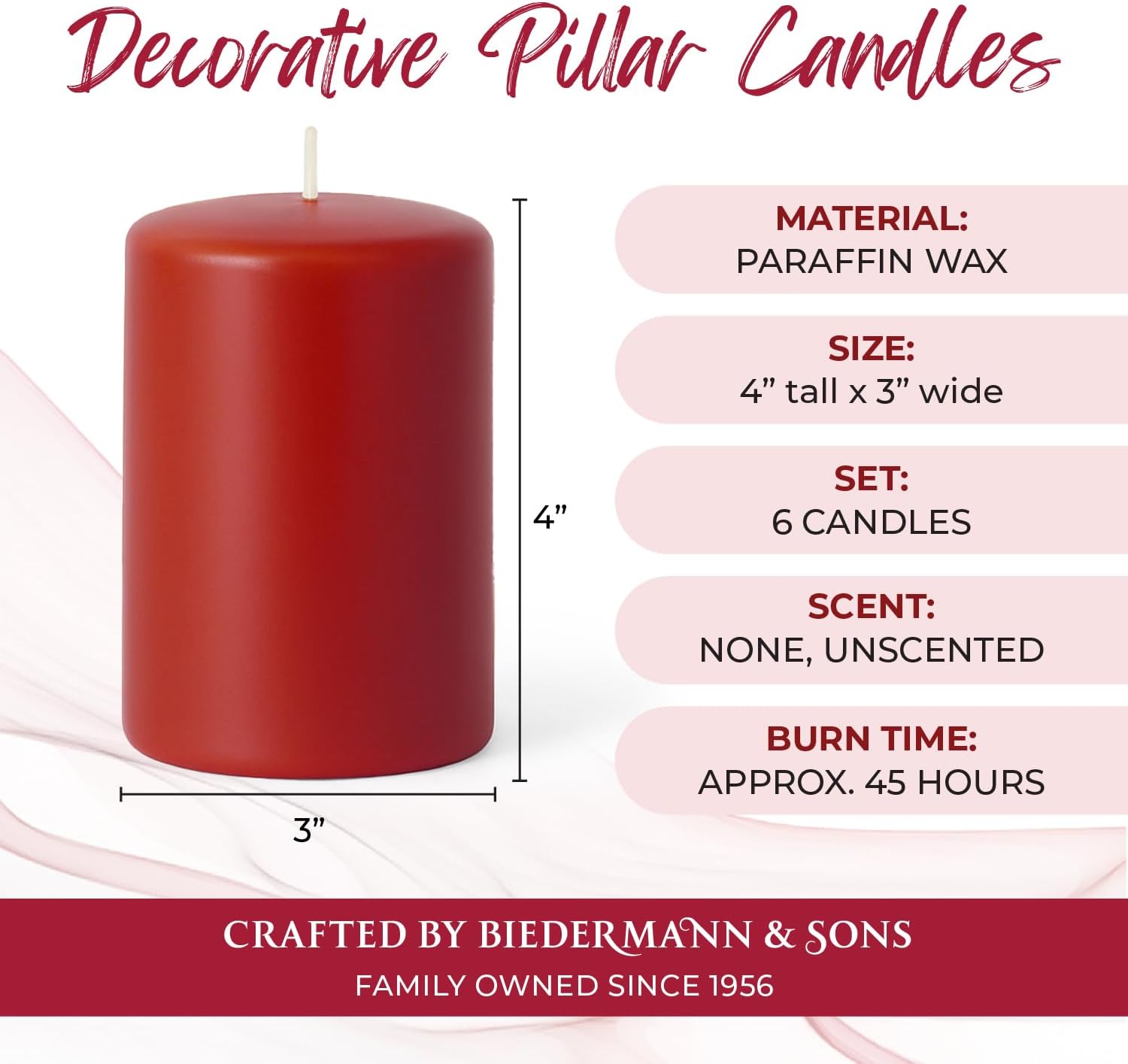 Biedermann Sons Unscented Pillar Candles Box of 6 Cranberry Red