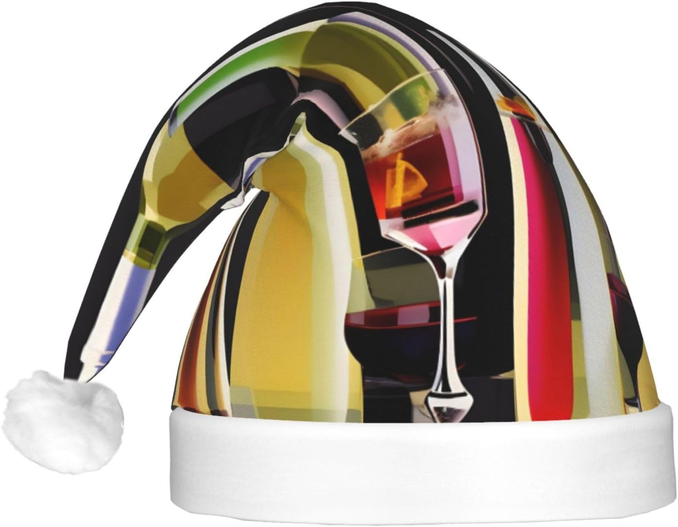 Cocktail Glasses Wine Bottles Print Christmas Hat with LED Lights
