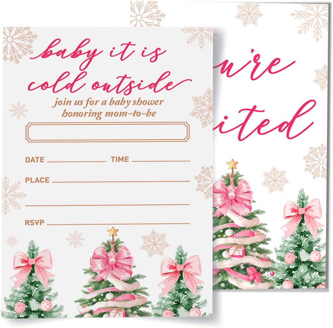Winter Baby Shower Party Invitations Set of 20 Pink Christmas