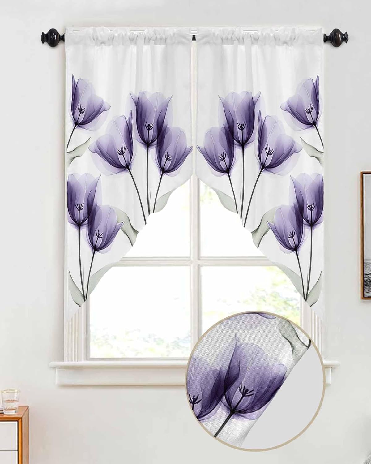 Purple White Tulip Swag Curtains Valance for Kitchen Windows