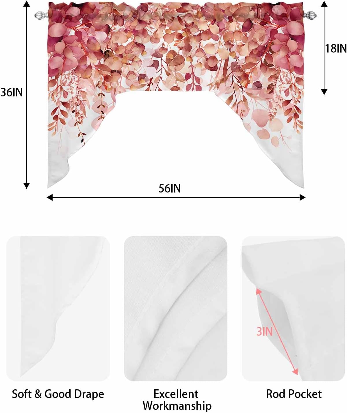 Red Eucalyptus Leaves Swag Valance for Kitchen Window