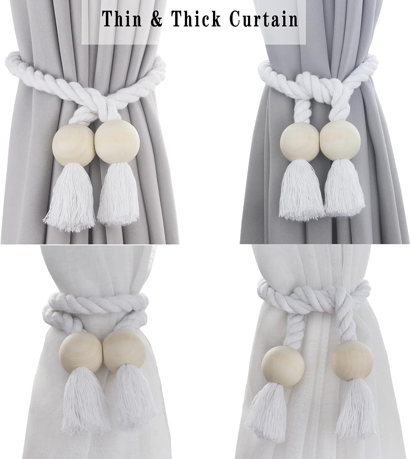 4 Pack White Magnetic Curtain Tiebacks with Wooden Buckle