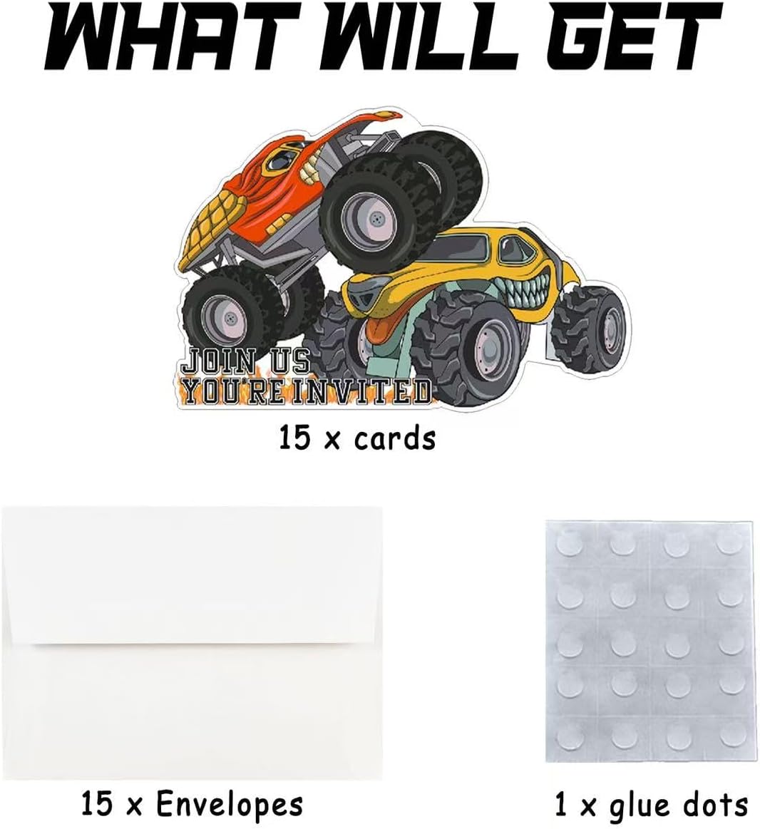 15 Pack Monster Truck Party Invitations with Envelopes