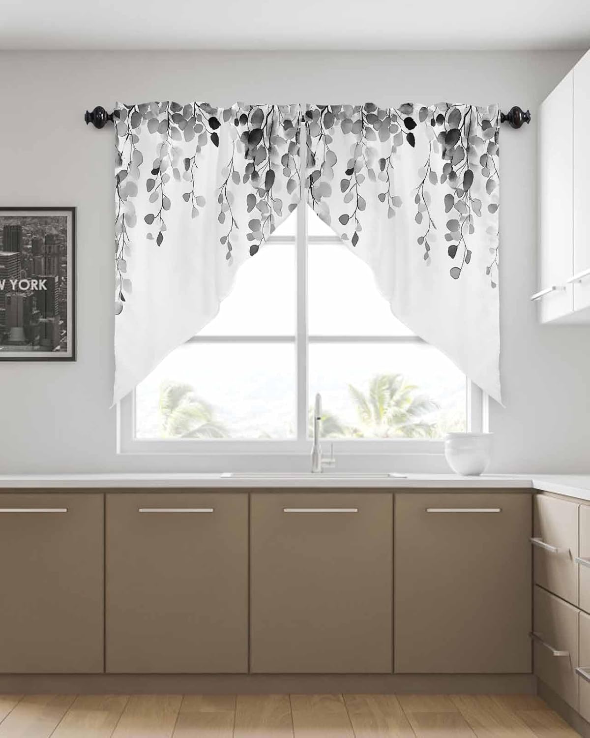 Grey Eucalyptus Leaves Window Valance with 2 Panels 36x45 Inches