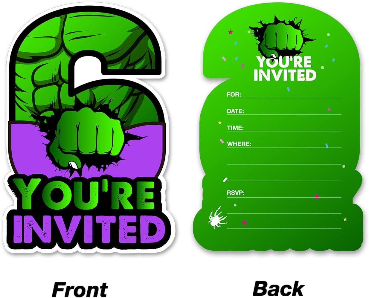 20 Superhero 6th Birthday Invites with Envelopes Double Sided Green Design