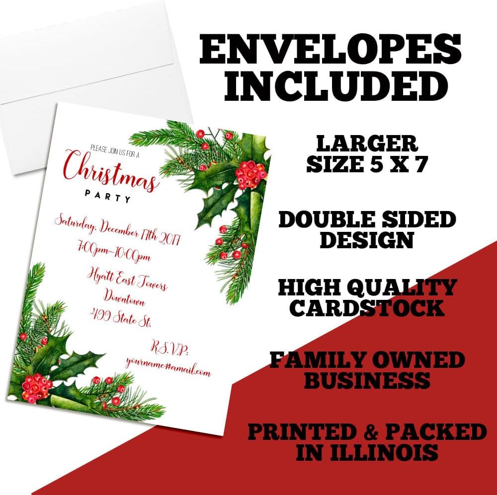 Personalized Christmas Holly Berries Party Invites 20 Pack with Envelopes