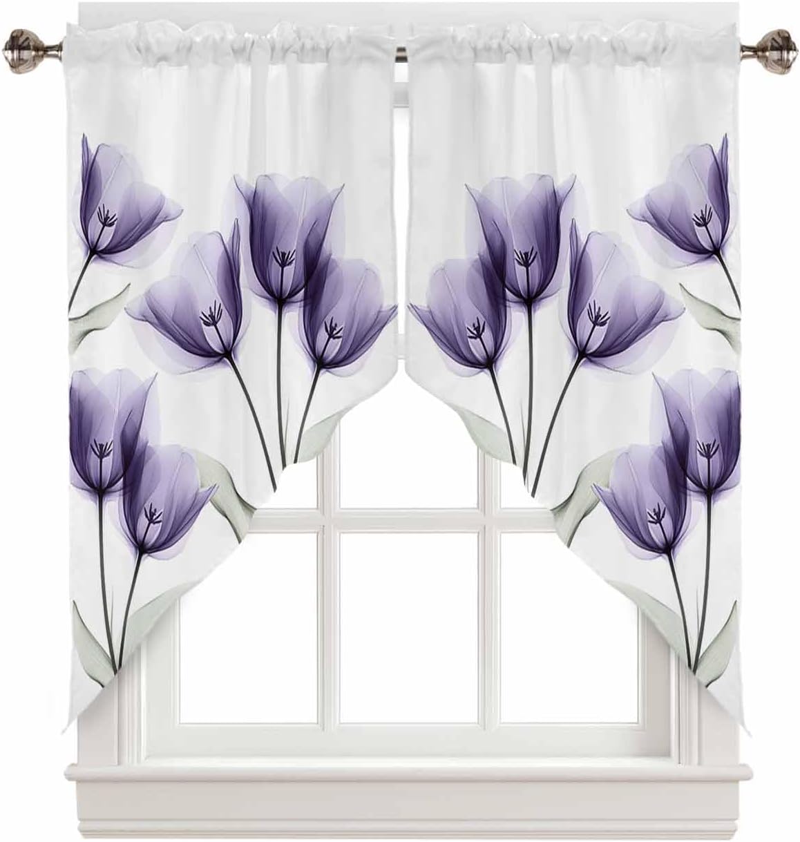 Purple White Tulip Swag Curtains Valance for Kitchen Windows