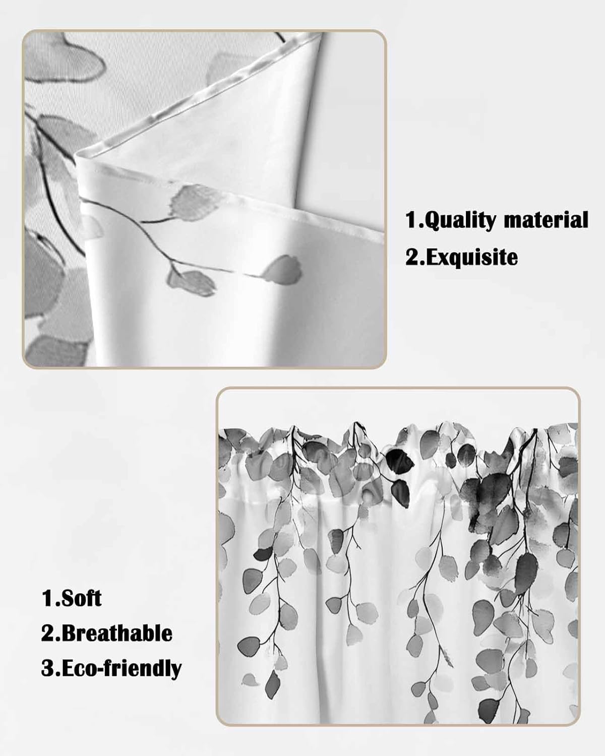 Grey Eucalyptus Leaves Window Valance with 2 Panels 36x45 Inches
