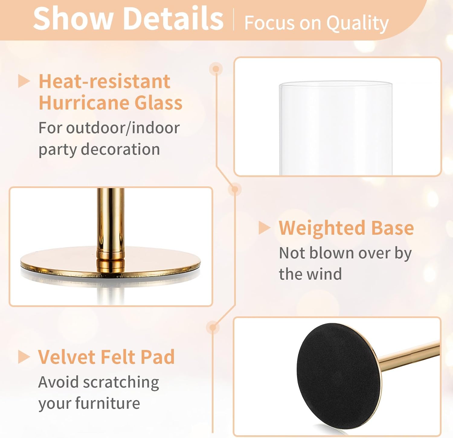 NUPTIO Gold Taper Candle Holders 3 Pcs Hurricane Candlestick
