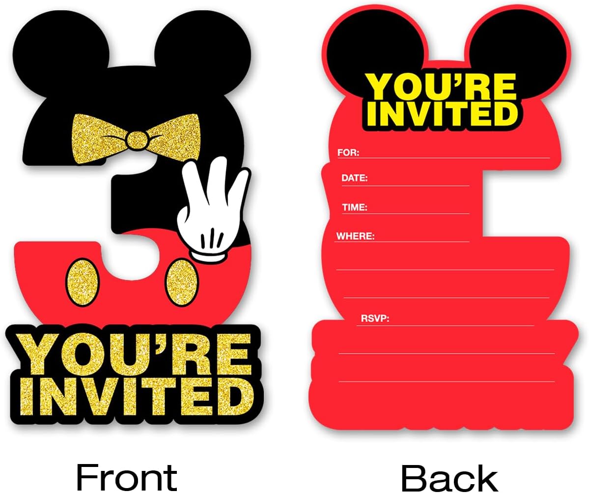 Mouse Boy 3rd Birthday Invitations Black Red Glitter 20 Pack