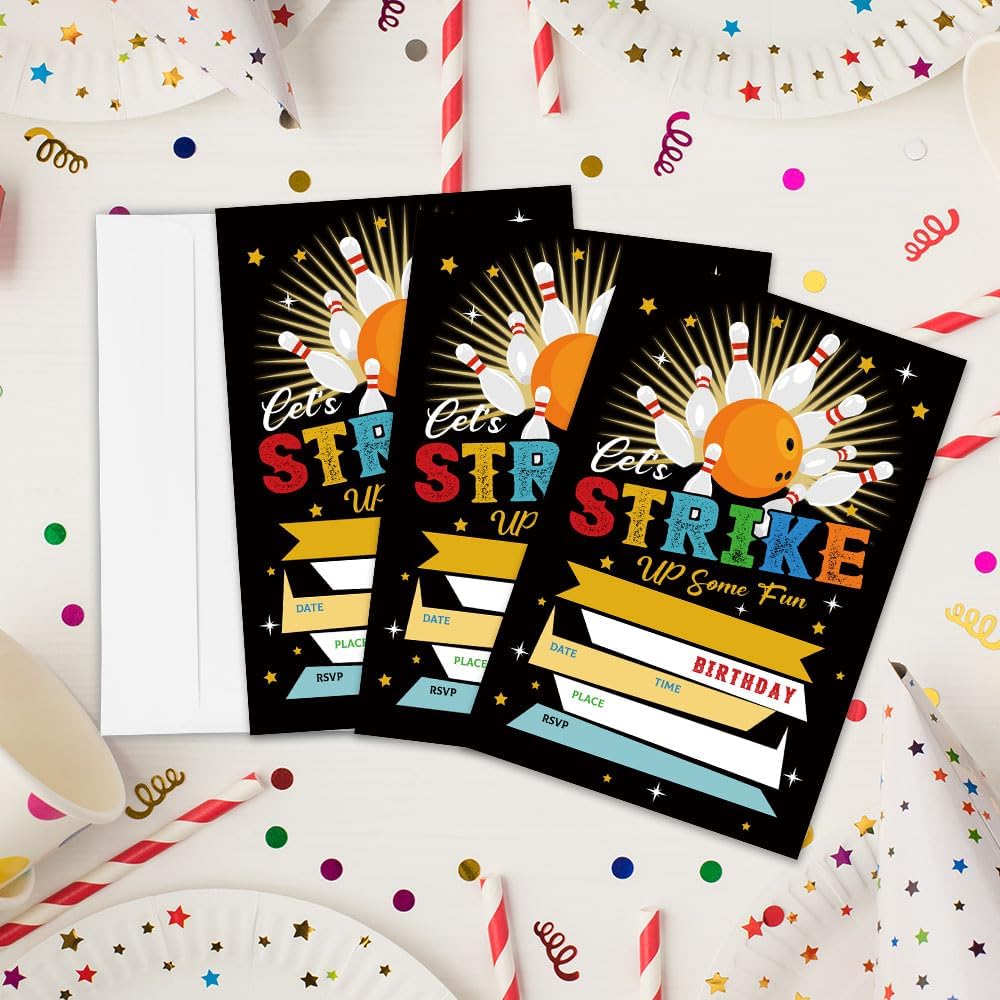 Glitter Bowling Ball Birthday Invitation Cards 4x6 Double Sided