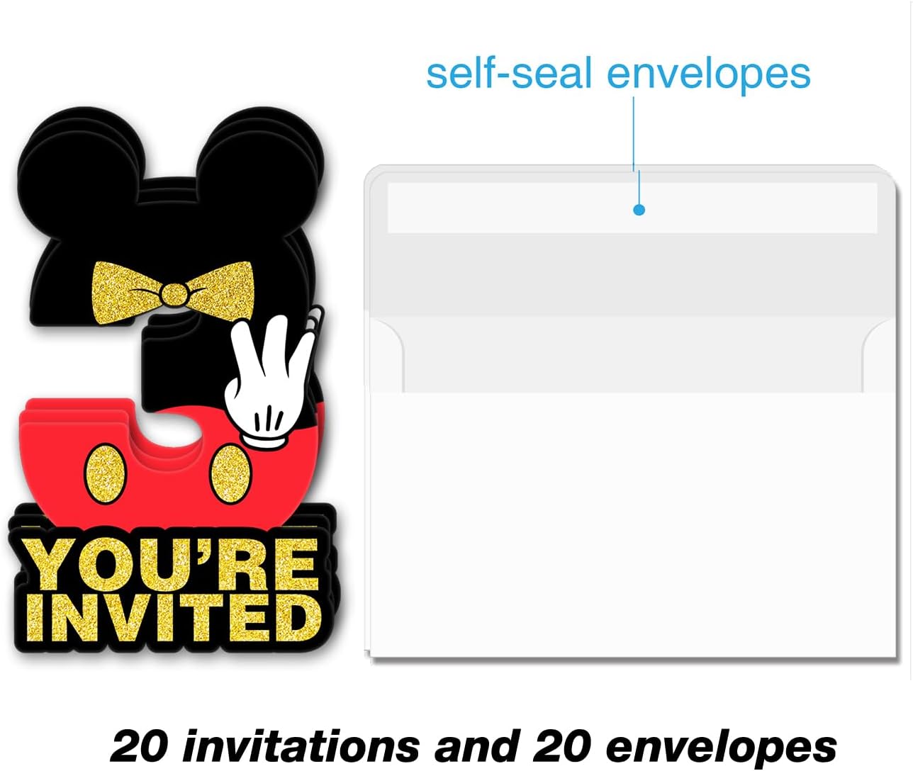 Mouse Boy 3rd Birthday Invitations Black Red Glitter 20 Pack