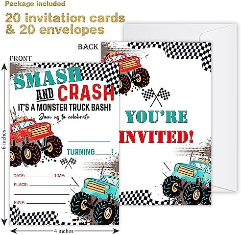20 Pcs Monster Truck Birthday Invitations with Envelopes