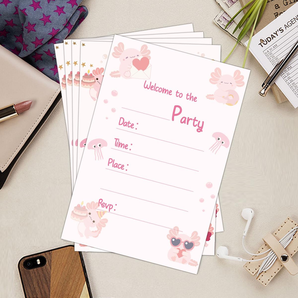 Axolotl Birthday Invitations Set with Envelopes